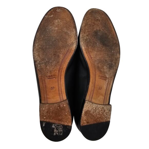 Gucci Jordaan Horsebit Slip On Flat Loafer Black Leather Gold Size 37 US 7 - Picture 11 of 12